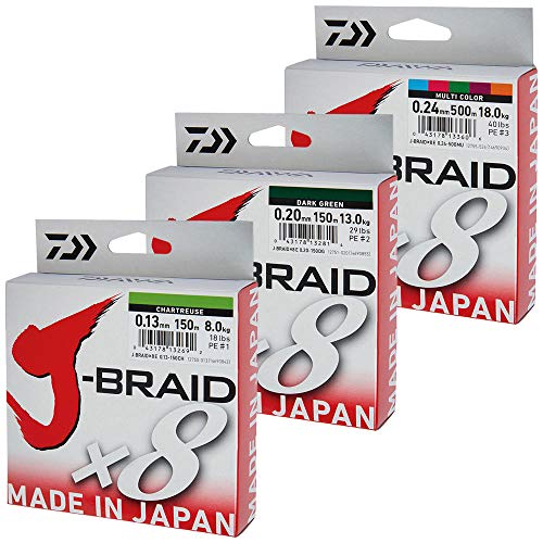 Daiwa J- Braid X8 - Sedal de pesca trenzada redonda, verde oscuro, 0.18mm, 12.0kg / 26.5lbs, 300m