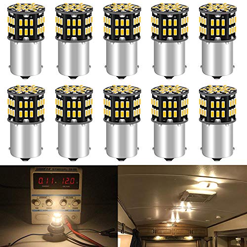 DEFVNSY - Paquete de 10 - Blanco cálido 3000K 1156 BA15S 1141 1003 1073 7506 Bombillas LED 3014 54-SMD Lámparas para 12V Interior RV Camper Iluminación de Remolque Barco Luz de Patio