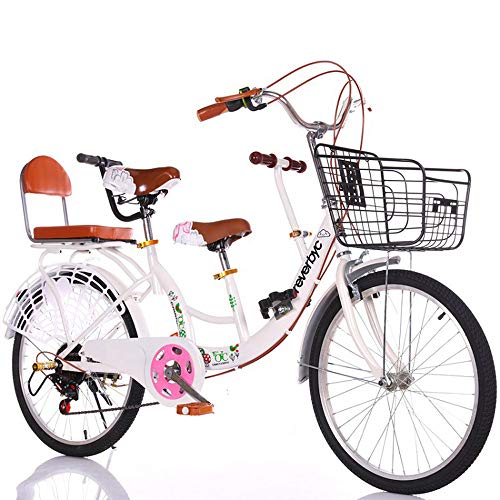 FLYFO Bicicleta para Padres E Hijos De Dos Personas,22 Pulgadas, Velocidad Variable Que Puede Llevar A Niños 2 De Madre E Hijo para Hombres Y Mujeres,Tándem De Viaje,Blanco