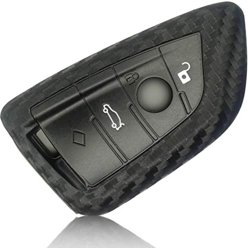 FoilsAndMore Funda Compatible con BMW Llave de Coche con 3-4 Botones Plegable (sólo Keyless-Go) - Silicona Cubierta Protectora Cover Caso Clave in Carbon Negro