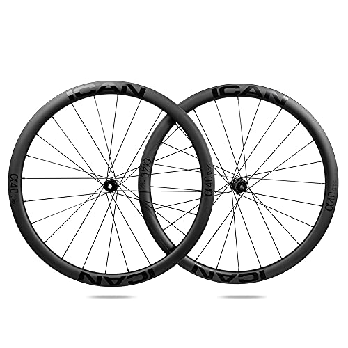 ICAN Ruedas de Carbono Alpha 40 Disc Ruedas de Bicicleta de Carretera 40mm Clincher tubeless Ready Disco Freno 12x100/12x142mm