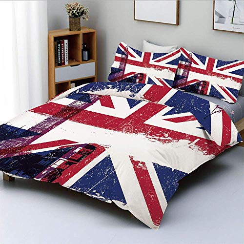 Juego de funda nórdica, bandera del Reino Unido envejecido sucio, Big Ben, dos pisos, cultura del país, hito histórico, decorativo, juego de cama de 3 piezas con 2 fundas de almohada, multicolor, el m