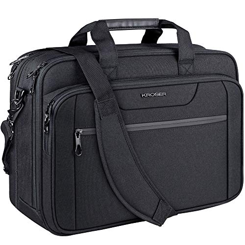 KROSER Bolsa para Laptop 18" Maletín Portátil Extensible hasta 17.3 Pulgadas Repelente al Agua Bandolera Bolsa de Mensajero para Viajes/Negocios/Escuela/Hombres/Mujeres-Negro