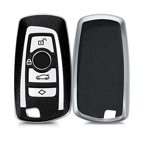 kwmobile Funda para Mando de Coche Compatible con BMW - Carcasa de TPU Tipo Cuero con Botones para Coche - Plata/Negro