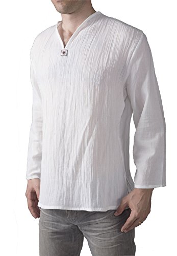 Lofbaz Hombre Thai Camiseta de Cuello en V Long Sleeve Blanco L