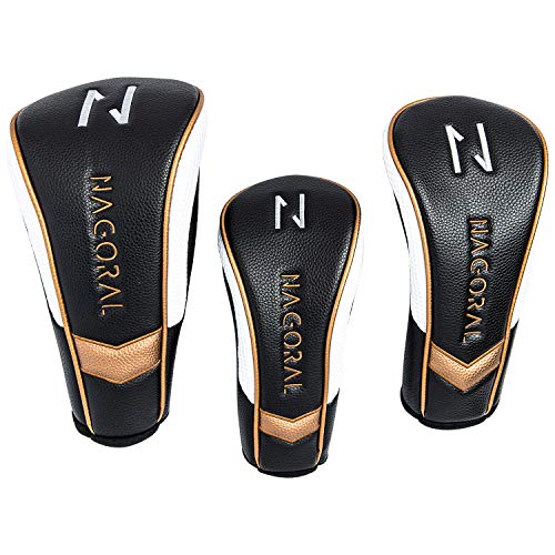 NAGORAL Fundas para Cabezales de Palos de Golf - Juego de Tres Fundas para Driver, Madera e híbrido – Protección Garantizada – Negras, Blancas y Doradas – Diseñadas para Caballeros del Golf