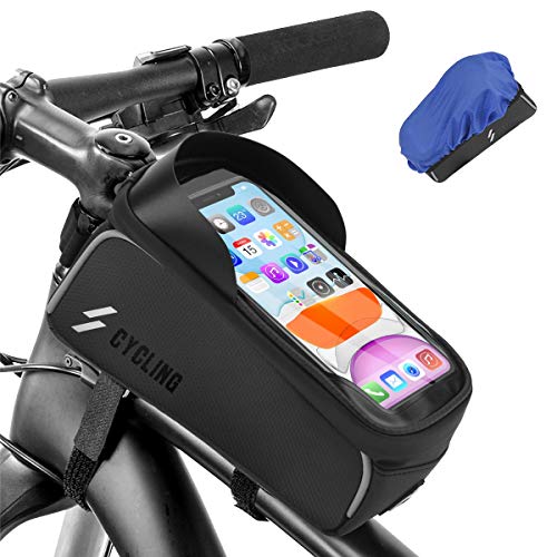 Osaloe Bolsa de Cuadro de Bicicleta, Bolsa de Manillar con Visera y Pantalla táctil TPU, Bolsa de Transporte para Bici, Bolso Impermeable para Teléfono Inteligente de 6.0 Pulgadas (Negro)