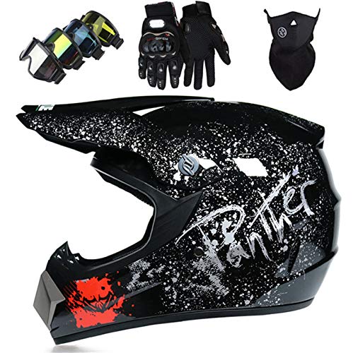 OTBKNB Conjunto Offroad Casco Motocross Infantil, Casco Cross Moto con Guantes Gafas Máscara, Aprobado Dot Cascos Integrales Adultos Hombres Mujeres, para Todoterreno/Bicicleta Sucia, Negro