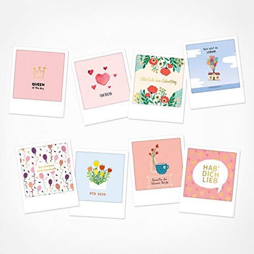 PICKMOTION Juego de 8 tarjetas postales con fotos, saludos y deseos, tarjetas de cumpleaños ilustradas a mano, tarjetas de felicitación hechas a mano, frases y motivos, animales, flores.