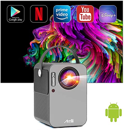Proyector Android TV 9.0, Artlii Play Proyector Smart WiFi Bluetooth Portátil, Dolby AC3, Corrección Keystone 4D de ± 45 ° y Zoom, Cine en Casa de 200 "
