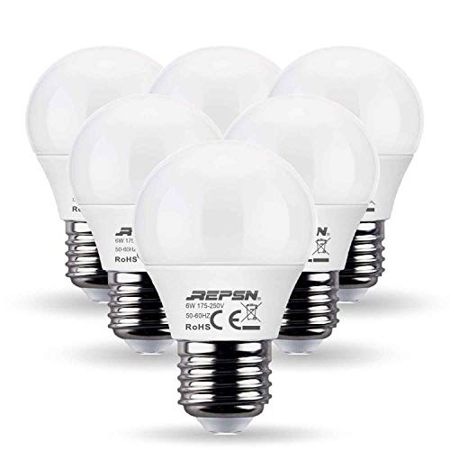 REPSN® Bombilla LED E27, 6 W = 50 W, luz blanca cálida, 2700 K, 6 unidades, G45, 700 lúmenes, bajo consumo, 270°, bombilla LED de 8 W