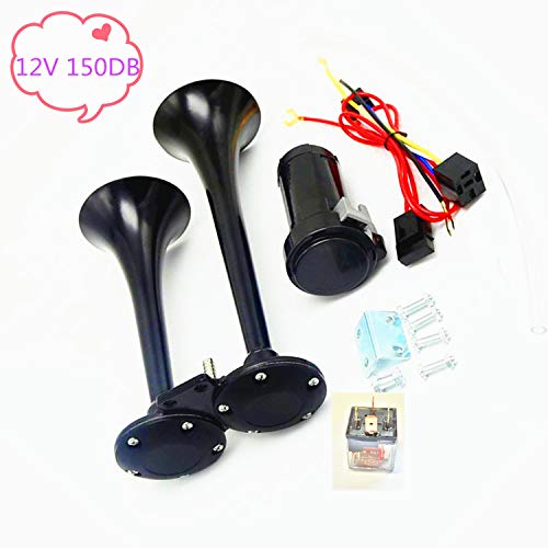 YIYDA Car Air Horn Bocina de aire para coche con compresor de bocina de aire de 150DB para camión Trompa doble de cuerno de camión cromo negro para cualquier coche de 12V barco camión moto etc