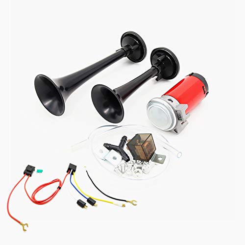 YIYIDA Bocina de coche air horn trompa135db bocina de aire trompeta de doble tono contiene tonos agudos bajo y un kit de bomba de aire de compresor para cualquier camión de 12V coche SUV barco etc