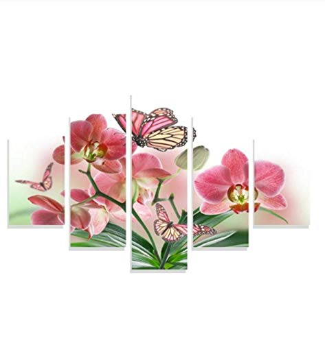 5 Piezas Lona Murales Cuadro Moderno Lienzo Flor De Orquídea Mariposa Rosa Arte Pared Alta Definición Decorativa Home Dormitorio Óleo Lona Pintura Regalos(Enmarcado)