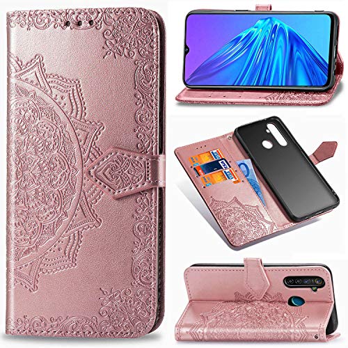 Abuenora Funda para Realme 5, Realme 5i, Realme 6i, Realme C3 Carcasa Libro con Tapa Flip Case Antigolpes Golpes Cartera PU Cuero Suave Soporte con Correa de Mano Cordel - Mandala Oro Rosa