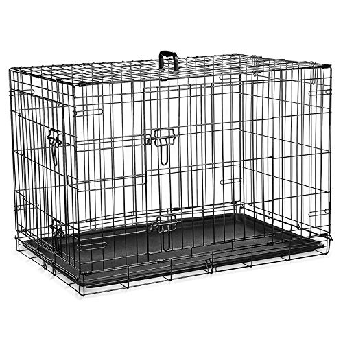 aula para perros – Jaula plegable de metal negro con 2 puertas (frontal y lateral) con bandeja base de plástico resistente a la masticación y asa de transporte (grande)