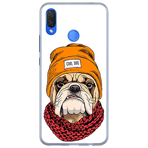 BJJ SHOP Funda Transparente para [ Huawei P Smart Plus ], Carcasa de Silicona Flexible TPU, diseño: Bulldog Ingles Cool, con Gorro y Bufanda