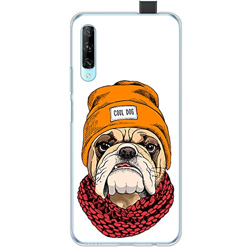 BJJ SHOP Funda Transparente para [ Huawei P Smart Pro ], Carcasa de Silicona Flexible TPU, diseño: Bulldog Ingles Cool, con Gorro y Bufanda