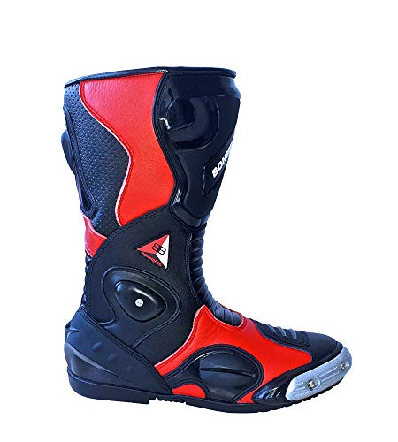 Bohmberg - Botas de Moto, Botas de Piel Deportivas, Impermeables, de Cuero Estable Protectores rígidos Integrados (Rojo, 45)