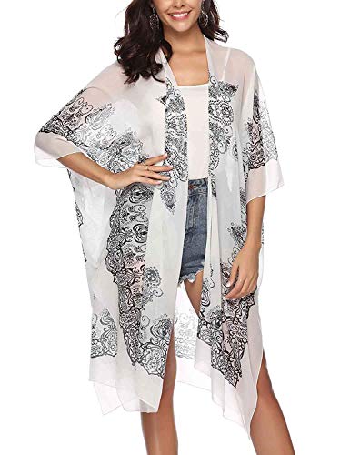 BOLAWOO Señoras Floral Chifón Top Chal Cárdigan Blusa Kimono Bikini Mode De Marca Cover Up Poncho De Playa Summer Beachwear Cover Up Chaqueta De Playa Ligera Top (Color : C15 White, Size : Size)