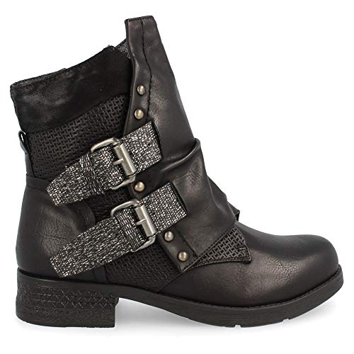 Bota Motorista Mujer Casual con Hebillas y Correas Doradas Primavera Verano 2019. Talla 38 Negro