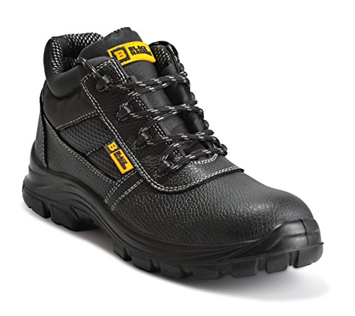 Botas de Seguridad de Cuero para Hombres Puntera de Acero Protección de Entresuela Resistente al Agua Impermeable S3 SRC Calzado de Trabajo al Tobillo de Cuero 1007 Black Hammer (48 EU)