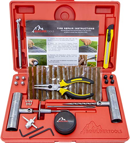 Boulder Tools – Kit de reparación de neumáticos de alta resistencia para coche, camión, RV,SUV, Todoterreno, moto, tractor, remolque. Kit de reparación de pinchazos de llantas planas