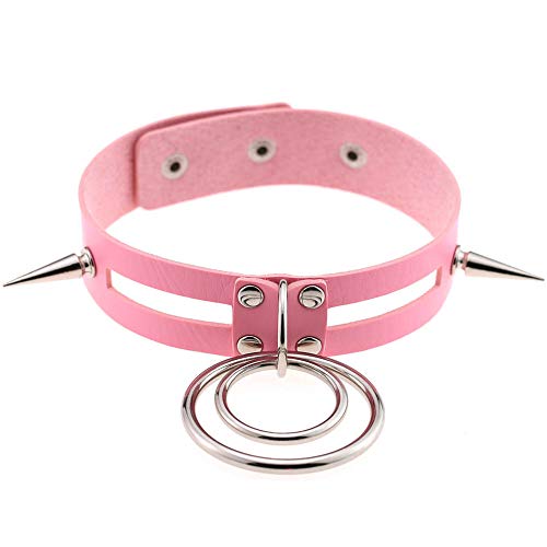 Cadena de cuentas Sexy PU cuero calado Spike Studded Collar No convencional Doble forma de O Anillo grande Cadena de cuello Cuello Cadena de clavícula Gafas de lectura cuello cuerda ( Color : Rosado )