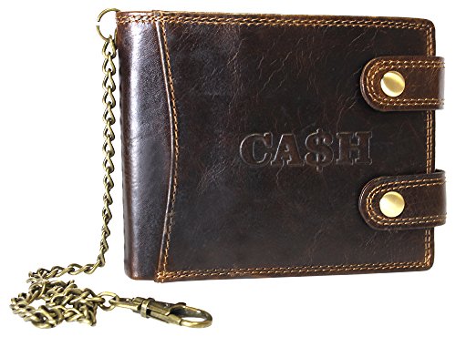 CA$H Monedero para hombre con cadena, monedero motero, monedero 100 % piel en negro o marrón, monedero horizontal con cadena (5609)