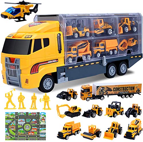 Camión de Ingeniería 16 Piezas Juguetes de VehíCulos de Construcción,Alfombra Educativa se TráFico, Camiones, Modelos de Trabajadores Juguete para Niños 3 4 5 6 Años (16 in 1)