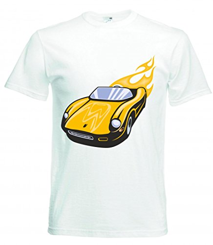 Camiseta para Coche Deportivo Amarillo Cabrio con Llamas America Amy USA Auto Car Ampliación V8 V12 Motor Llanta Tuning Mustang Cobra para Hombre Mujer niños 104 – 5 x l Blanco S