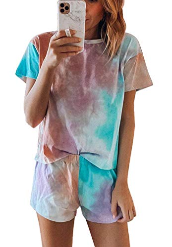 Charm4you Mujer Pijamas Tie-Dye Verano,Pijama de Manga Corta con Estampado Tie-Dye de Dos Piezas 2020 Fashion Casual-Tie Dye BW_M,Tie-Dye Estampado Ropa de Dormir