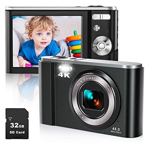 Compactas Cámaras Digitales,Rokurokuroku Cámara de Fotos, 4K HD 2.88" Cámaras Digitales Zoom Digital 16X con Tarjeta SD de 32GB para Adultos, Personas Mayores, Adolescentes, Estudiantes