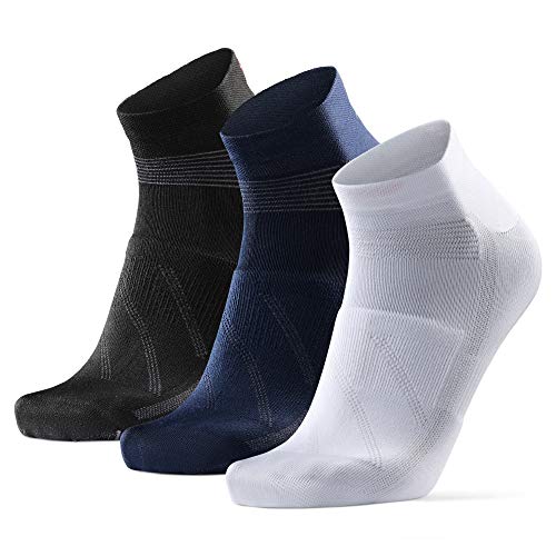 DANISH ENDURANCE Calcetines de Ciclismo de Corte Bajo, para Hombres y Mujeres, Paquete de 3 Calcetines de Bicicleta Transpirables 3 Pares (1 x Blanco, 1 x Negro, 1 x Azul), EU 35-38