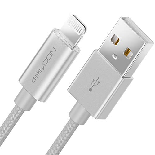 deleyCON 0,5m Cable de Carga Lightning 8 Pines Cable USB Apple MFI para iPhone 12 Pro MAX 12 Pro 12 Mini 11 Pro 11 Pro MAX 11 SE 2. Gen. XR XS MAX XS X Tapones de Metal y Cable de Nylon - Plata