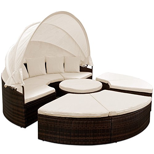 Deuba Tumbona Cama Isla 230cm con Techo Plegable Cojines Asientos sofá Doble Redonda XXL Poliratán jardín terraza Patio