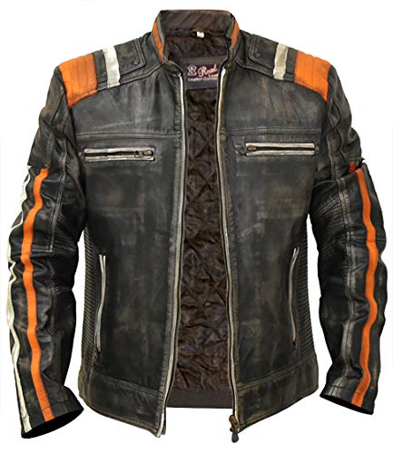 Emporrio ARMANI Cafe Racer - Chaqueta de piel envejecida para motocicleta, diseño retro Gris envejecido. XL - pecho 104/ 107 cm