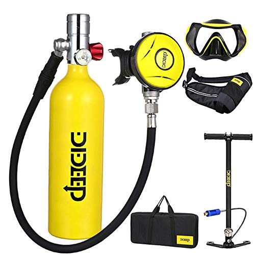 FGKING 1 L Tanque De Buceo con Escafandra Cilindro con 15-20 Minutos De Buceo De Oxígeno del Mini Tanque con Bomba Respiración Bajo El Agua del Dispositivo (132 Breathe Times),Amarillo