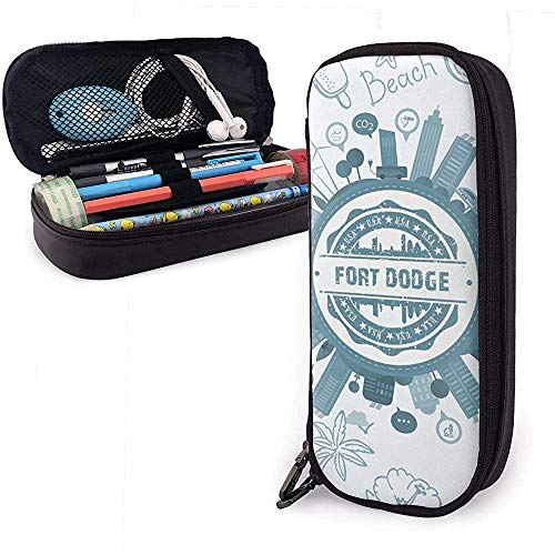Fort Dodge Iowa Estuche de lápices de cuero de alta capacidad, Estuche para bolígrafos Organizador de caja de bolsa de almacenamiento grande, Bolso de papelería para estudiantes