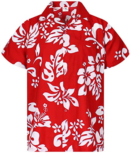 Funky Camisa Hawaiana, Manga Corta, Hibiscus, Ferrari Rojo, XS