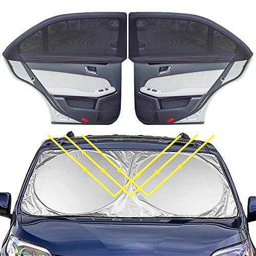 GOLDGE Parasol Coche Delantero y 2Pcs Parasol de Coche Ventana Lateral, Parasol para Parabrisas de Coche Protector Plegable para Máxima Protección contra UV Rayos