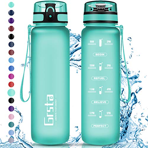 Grsta Botella Agua - Botella de Agua Deportes 350ml Botella Deportiva Tritan de Plástico Sin BPA con Filtro & Marcador de Tiempo para Niños y Adultos, Hogar y Exterior