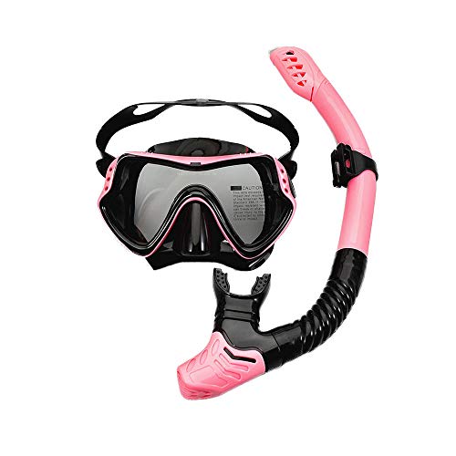 HDFD Set de Snorkel Adultos Set de Snorkel seco antiniebla Máscara de Buceo de Vidrio Templado Máscara panorámica de visión Amplia Gafas de Buceo Equipo de Snorkel de Silicona Profesional-Rosado