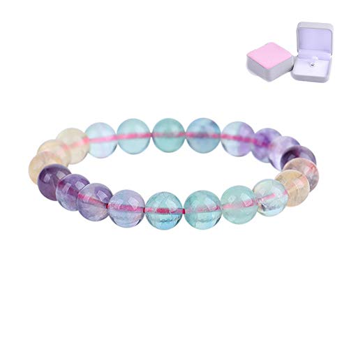 HXML Cristal Natural Cambio Gradual Arco Iris Fluorita Pulsera De Vuelta Pulsera De Cuentas con Caja De Regalo Regalo De Cumpleaños De Navidad