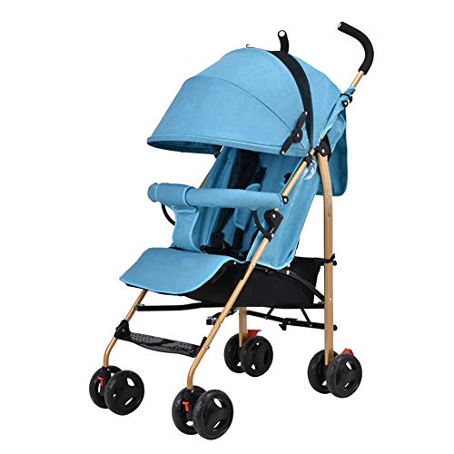 JCOCO La Carretilla del bebé Puede Sentarse y acostarse Ultraligero Plegable Baby Buggy portátil Mini Simple Cochecito + Funda de Goma + la Cubierta para la Lluvia (Color : Linen Blue)