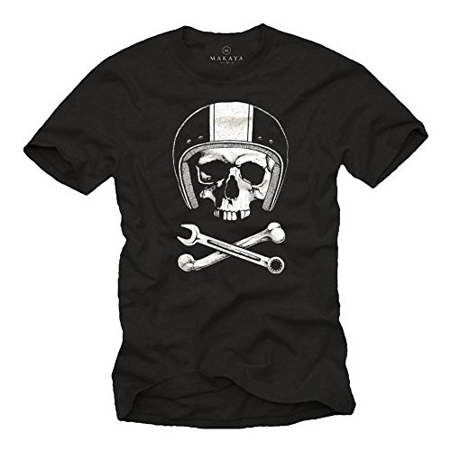 MAKAYA Calavera con Casco - Camiseta Motocross - Hombre Negra XL