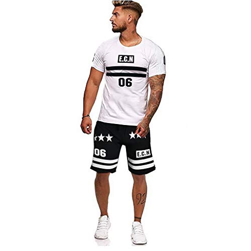 MEIbax Conjunto de Pantalones Cortos de Manga Corta de los Hombres T Shirt+Pantalones,Camisetas de Simple Impresión Cuello Redondo Suelto Verano Blusa Transpirables Cómodo Camisa Tops Deportiva