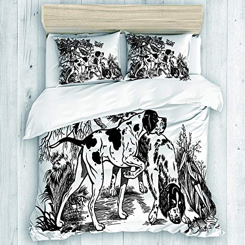 MEJX Bedding Juego de Funda de Edredón,Perros de Caza en Bosque, Puntero inglés y Razas Setter, Blanco y Negro,Microfibra SIN Relleno,(Cama 220x240 + Almohada)