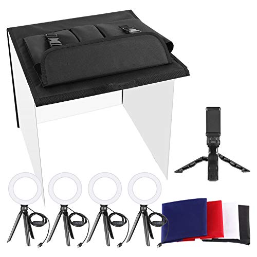 Neewer Foto Estudio Caja 60x60cm Table Top Foto Luz Caja Kit de Iluminación Continua con 5 Soportes para Trípodes 4 Luces de Anillo LED 4 Fondos y Soporte para Teléfono