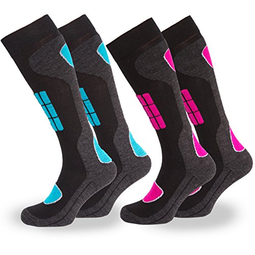 Occulto CALCETINES de ESQUI para MUJER (2 Pares), CALCETINES TÉRMICOS MUJERES DEPORTIVOS ACOLCHADOS y TRANSPIRANTES PARA TOURING, ALPINISIMO y SNOWBOARD 39-42 1 Pares Azul | 1 Pares Rojo